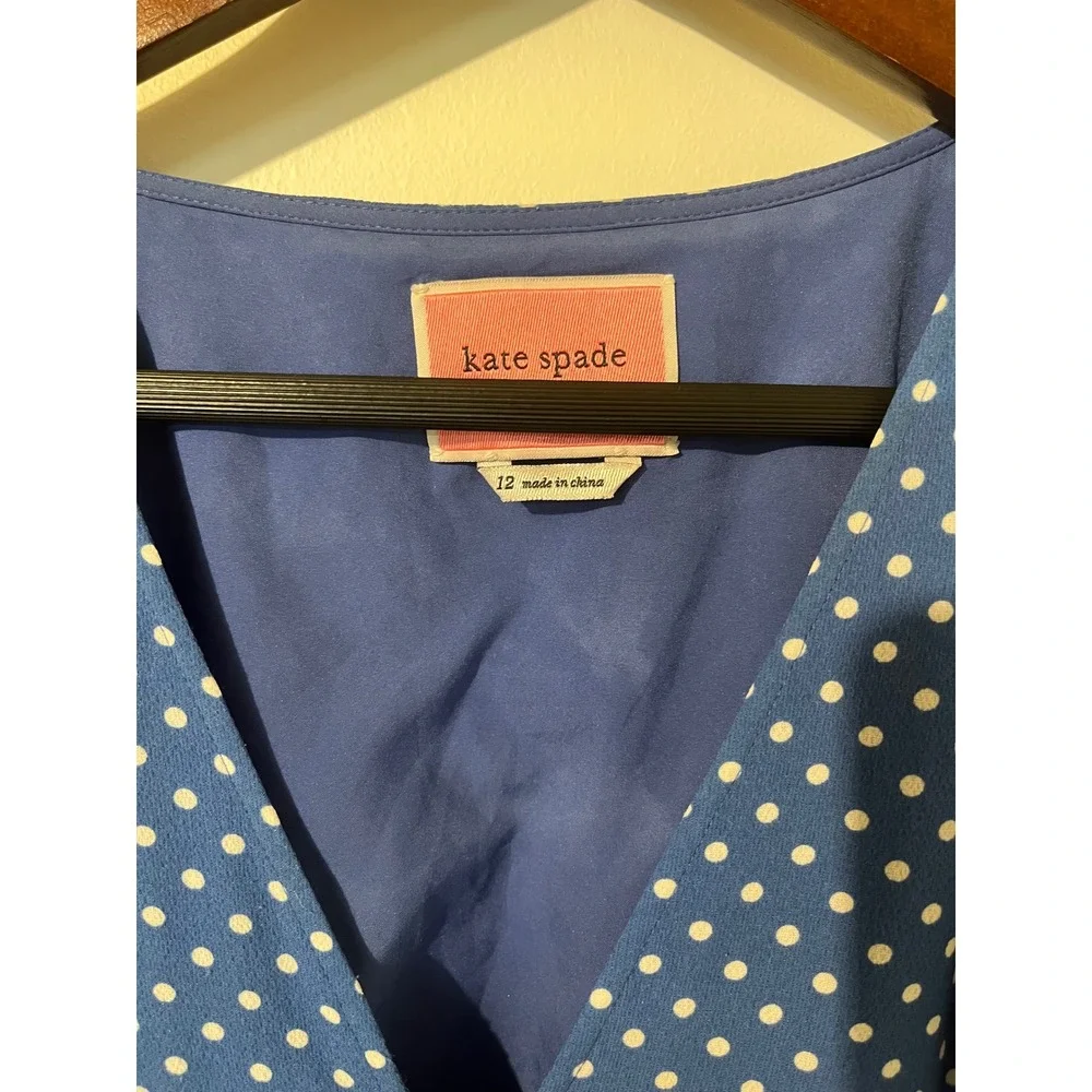 Kate Spade Blue Polka Dot V-Neck Mini Dress Puff Sleeve Smocked Back Size 12